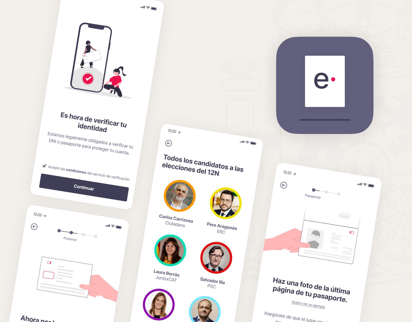 The e·voting app icon next to identity verification and candidate selection screens.