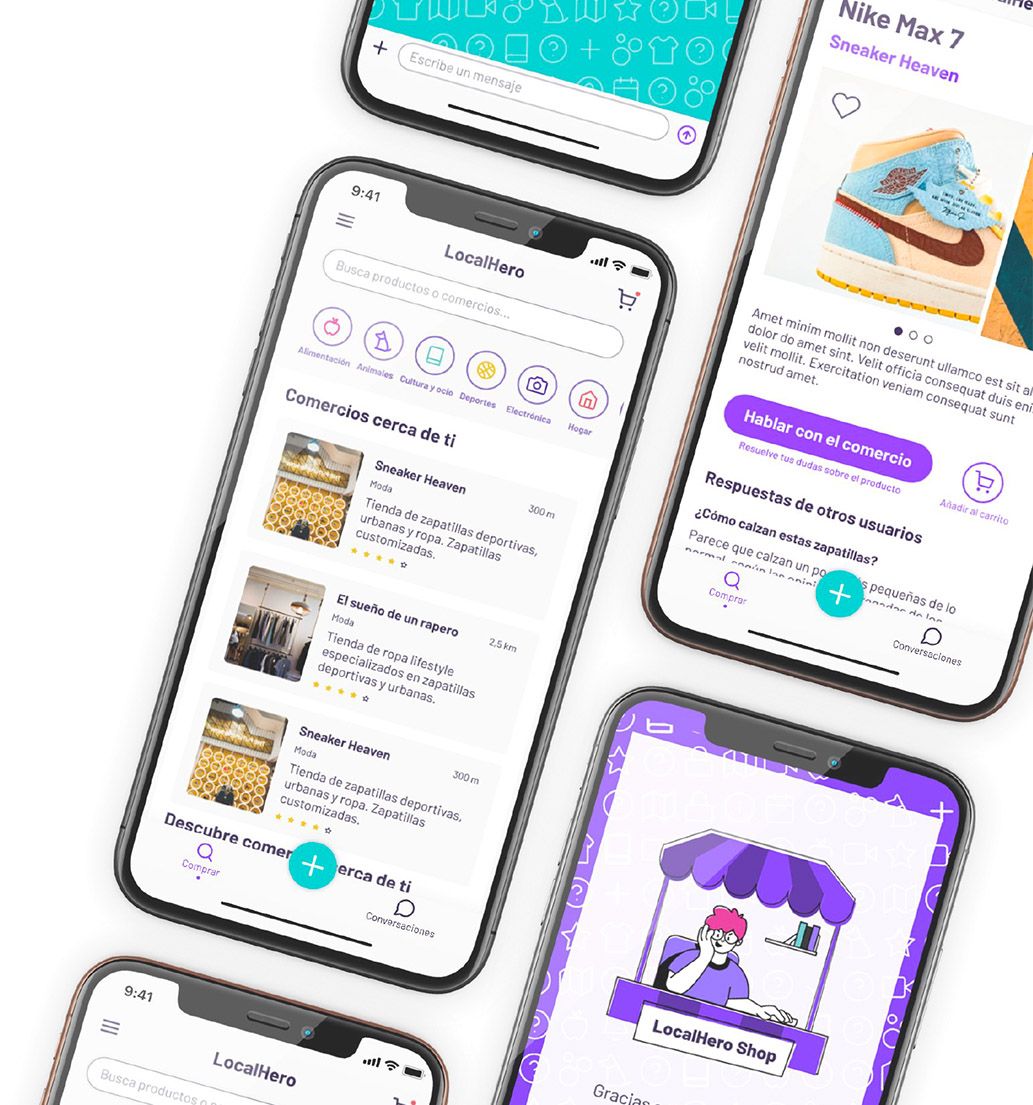 Several screens of the LocalHero app showing nearby shops, a product page and the in-app shop.